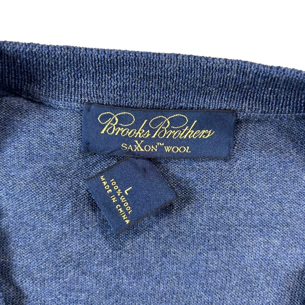 Brooks Brothers Sweater Vest Mens Large Blue Saxon Wool V-Neck Solid Classic